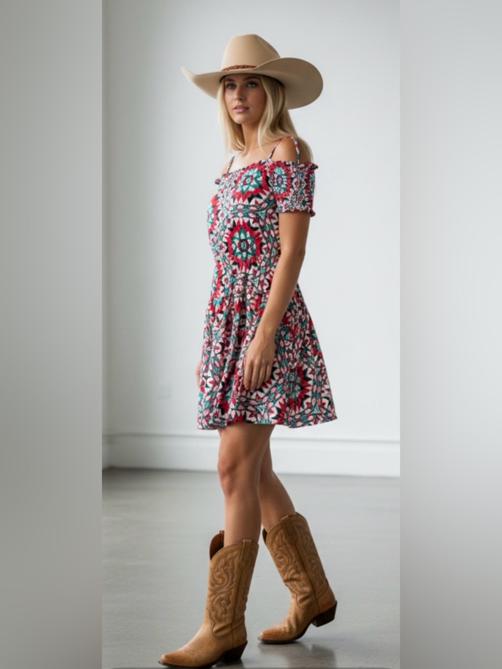 NWT- WRANGLER RETRO - Off-Shoulder 🤠Western Mini Dress in Pink & Teal
